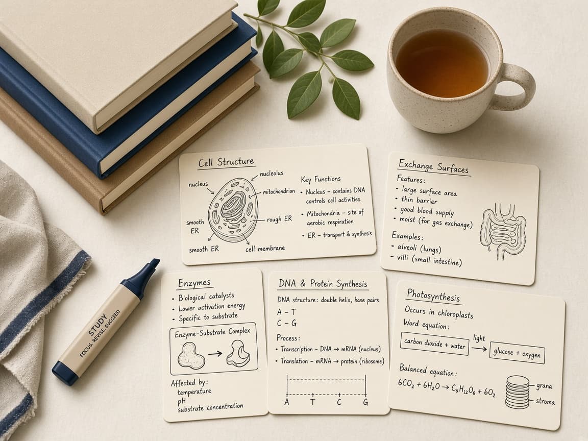 An overhead view of A-Level biology textbooks, handwritten revision cards covering cell structure and enzymes, and a highlighter.