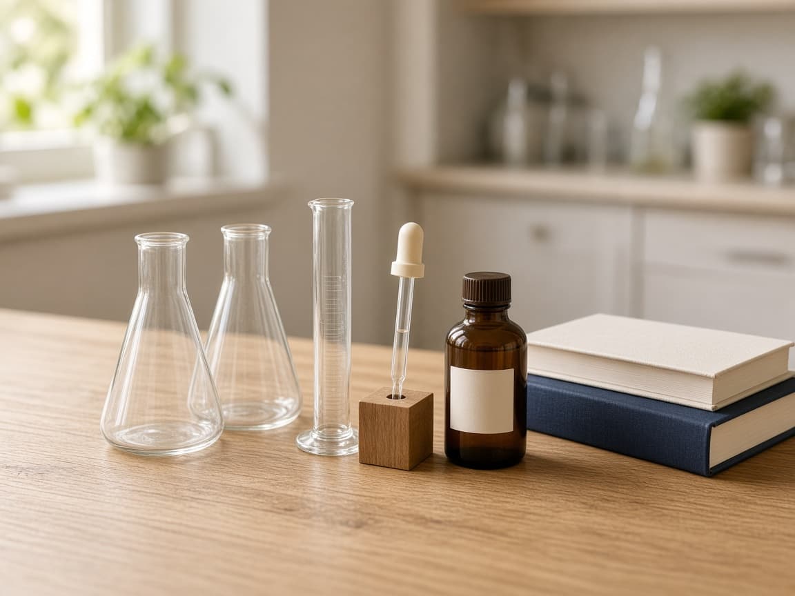 Two conical flasks, a measuring cylinder, a dropping pipette and an amber reagent bottle arranged on a light wooden bench beside a pair of textbooks.