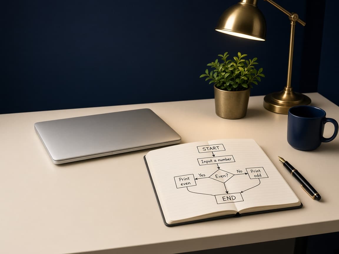 A closed laptop beside an open notebook showing a simple hand-drawn flowchart for checking whether a number is even.