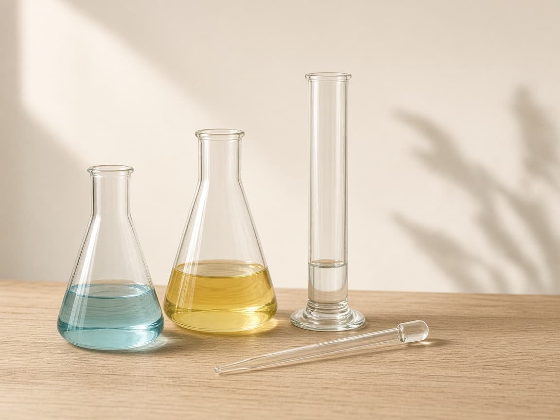 Two conical flasks containing coloured liquid, a measuring cylinder and a pipette arranged on a light wooden bench.