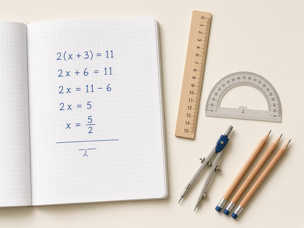 A squared exercise book showing handwritten algebra working, with a ruler, protractor, compass and pencils laid out beside it.