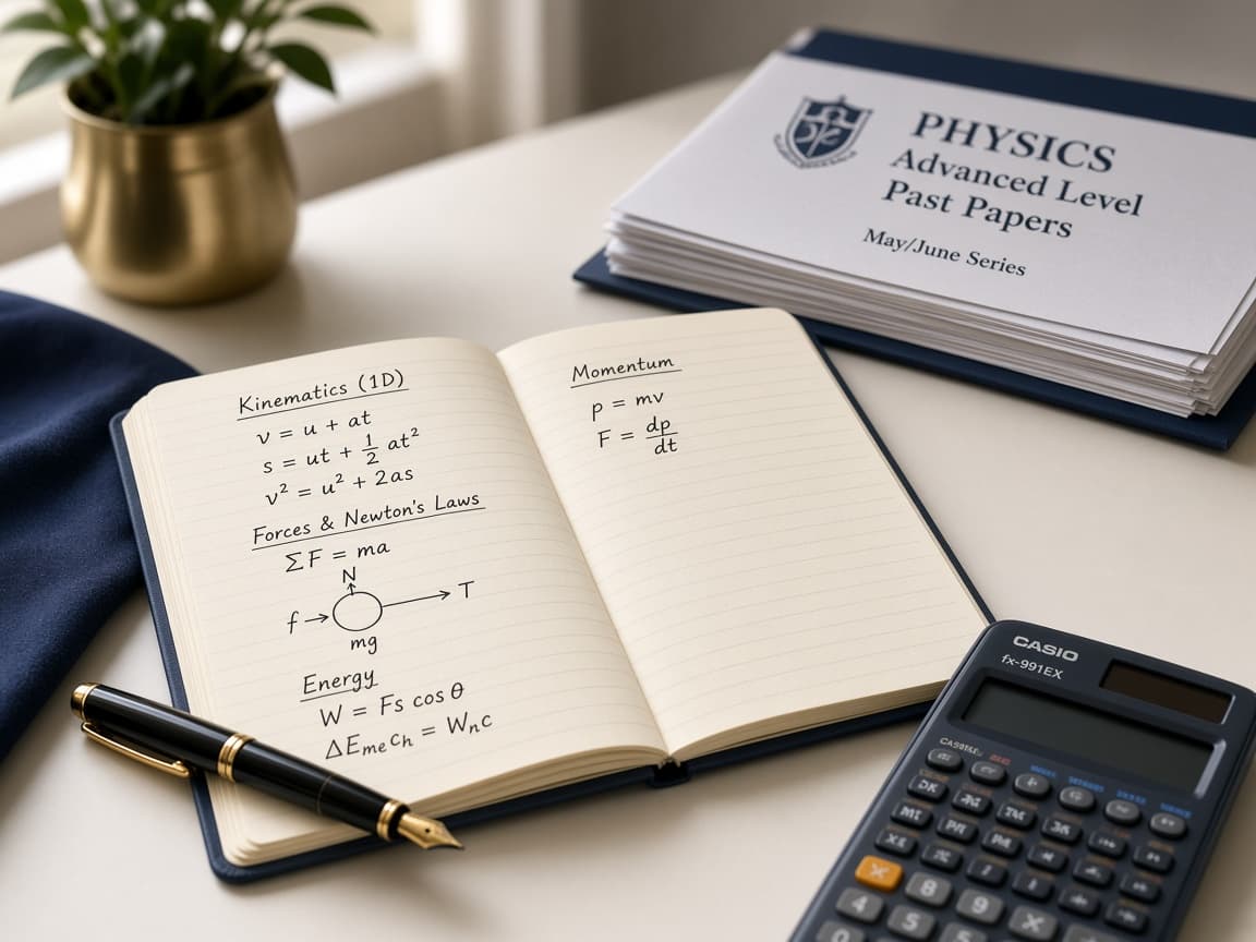 An open notebook showing handwritten physics equations, next to a scientific calculator and a stack of past papers.