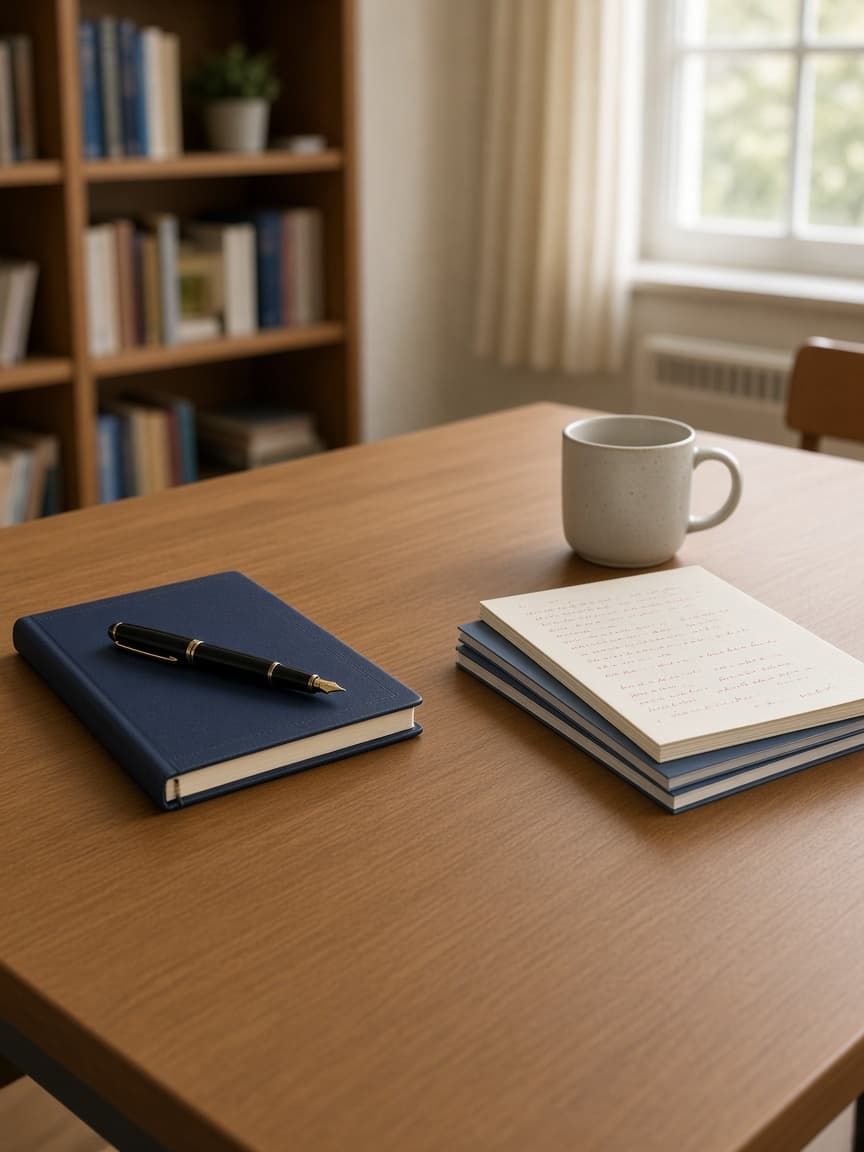 A teacher's desk beside a window, with a notebook, fountain pen and a stack of marked exercise books.